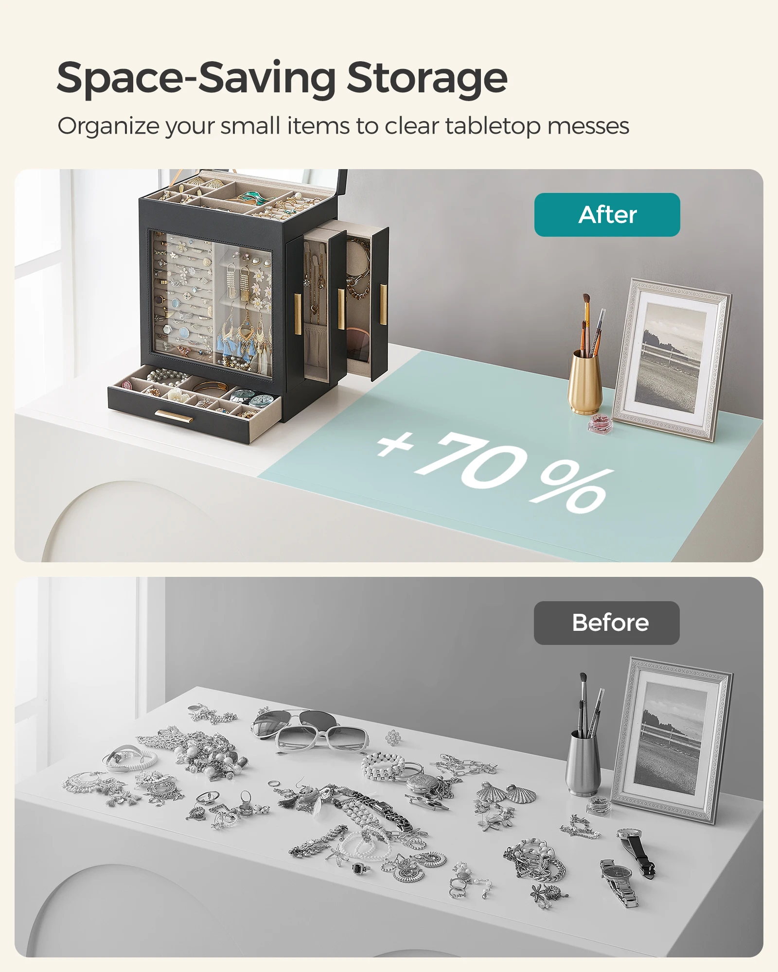 5-Layer Jewelry Organizer Box with Glass Window – Features 3 Side Drawers, Large Mirror, and Ample Storage Space for Rings, Earrings, Necklaces, Bracelets. Modern Design, Ideal for Home or Gift Use. - 图片 6