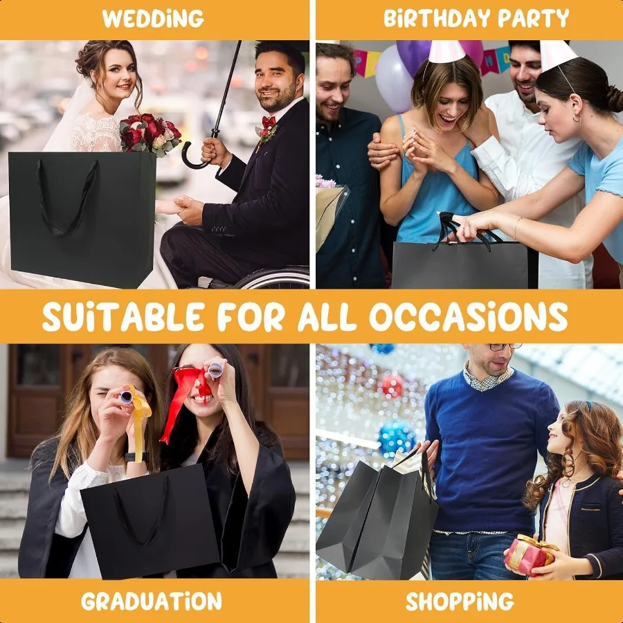 Black Gift Bags with Tissue Paper Set - 6 Pack Medium 10.5"x4"x8.1" Kraft Paper Shopping Bags with Ribbon Handles for Takeaway, Retail, Business, Weddings & Special Events - 图片 5