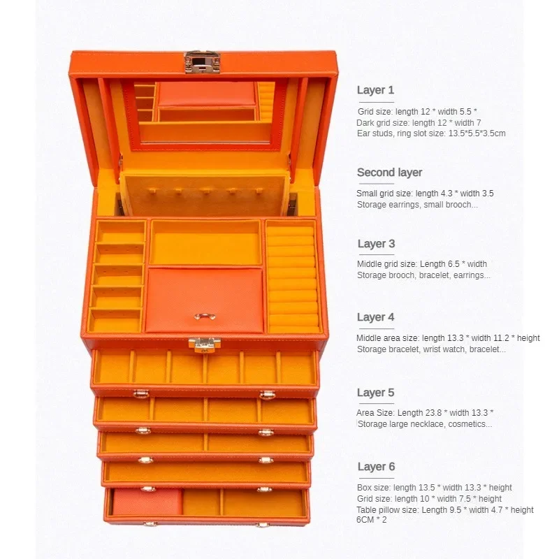 Double-Layer Leather Jewelry Box with Lock – 6-Tier Luxury Organizer for Rings, Necklaces, Earrings & Watches – Multi-Functional Storage Case with Mirror & Key, Ideal for Gifting & Display Use - 图片 6