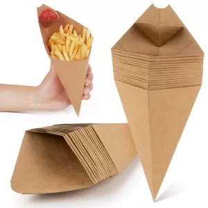 Disposable French Fry Cones – Kraft Paper Snack Holders for Popcorn, Nachos, Fries, and Street Food – Greaseproof, Eco-Friendly Paper Food Cones for Parties, Events, Food Trucks – 100 Pack