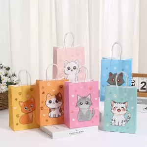 Cat Party Gift Bag – Cute Kitten Paper Bag with Handle for Kids Birthday, Baby Shower, Candy Packaging, Party Favors, Kitten Theme Decor, Custom Logo Printing Available