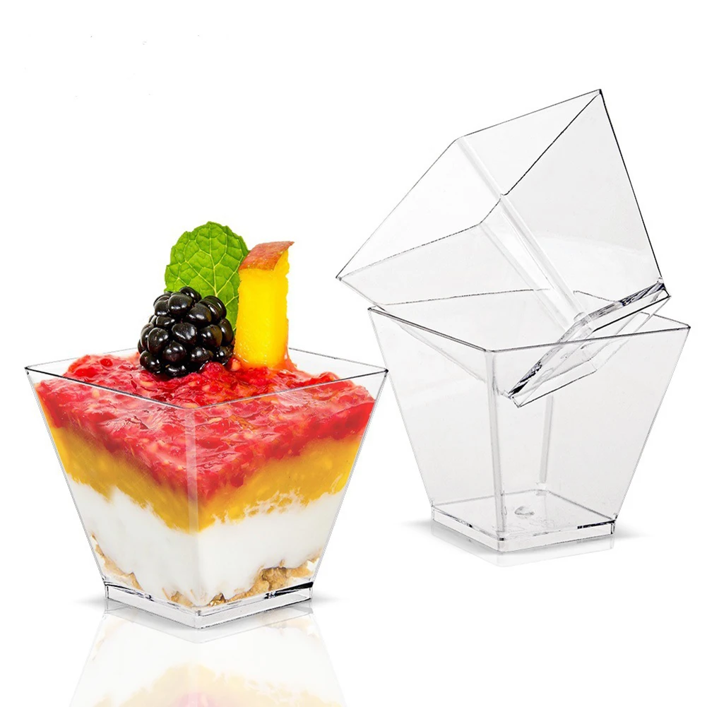 50 Pack 2oz Mini Square Dessert Cups with Spoons – Clear Disposable Plastic Parfait Appetizer Cups for Mousse, Jelly, Ice Cream, Pudding, Tasting Party Supplies 8