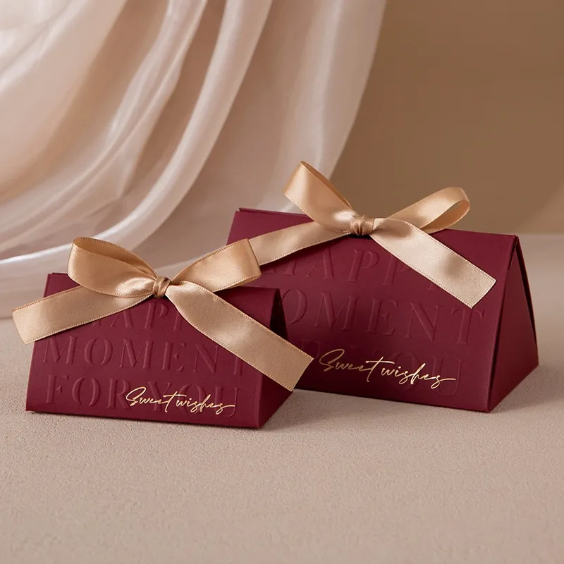 Triangular Champagne Wedding Gift Boxes – Candy Packaging Favor Boxes with Ribbon for Baby Shower, Engagement, Birthday, Party Decoration, Wooden Ring Box Style Design - 图片 7