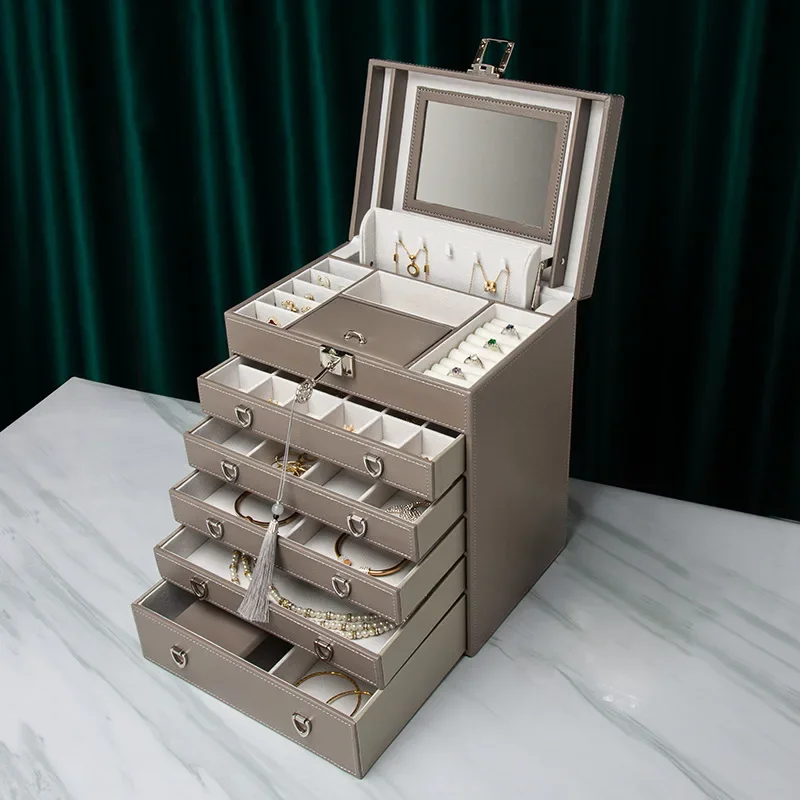 Double-Layer Leather Jewelry Box with Lock – 6-Tier Luxury Organizer for Rings, Necklaces, Earrings & Watches – Multi-Functional Storage Case with Mirror & Key, Ideal for Gifting & Display Use - 图片 7