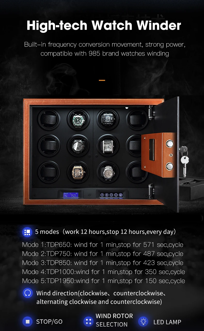 Luxury Automatic Watch Winder Safe Box – 12 Slot Brown Display Case with Quiet Motor, LED Touchscreen, Dual Lock Security, Rotation Settings for Mechanical Watches, Storage Organizer 5