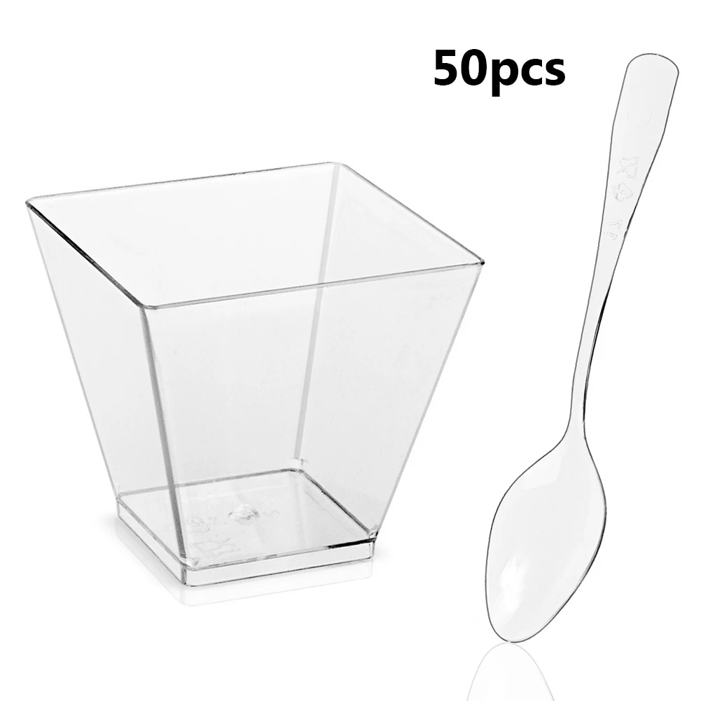 50 Pack 2oz Mini Square Dessert Cups with Spoons – Clear Disposable Plastic Parfait Appetizer Cups for Mousse, Jelly, Ice Cream, Pudding, Tasting Party Supplies 2