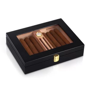 Premium Cedar Wood Cigar Humidor Box with Built-in Hygrometer – 16 Count Storage Case with Glass Top, Humidity Control System, Gold Hinges – Piano Black Finish, Gift for Cigar Lovers