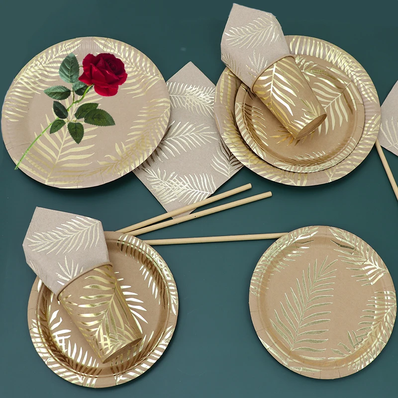Disposable Kraft Paper Tableware Set – Golden Palm Leaf Pattern Plates, Cups, Napkins, Straws, and Cutlery – Eco-Friendly Party Supplies for Wedding, Birthday, Picnic, Baby Shower, and Events 3