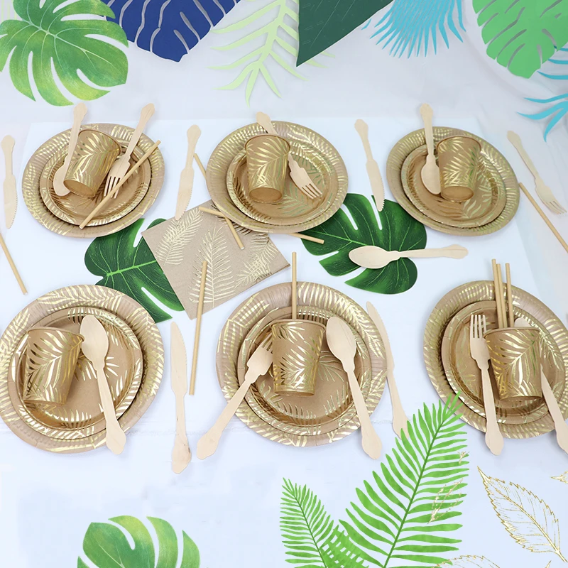Disposable Kraft Paper Tableware Set – Golden Palm Leaf Pattern Plates, Cups, Napkins, Straws, and Cutlery – Eco-Friendly Party Supplies for Wedding, Birthday, Picnic, Baby Shower, and Events 2