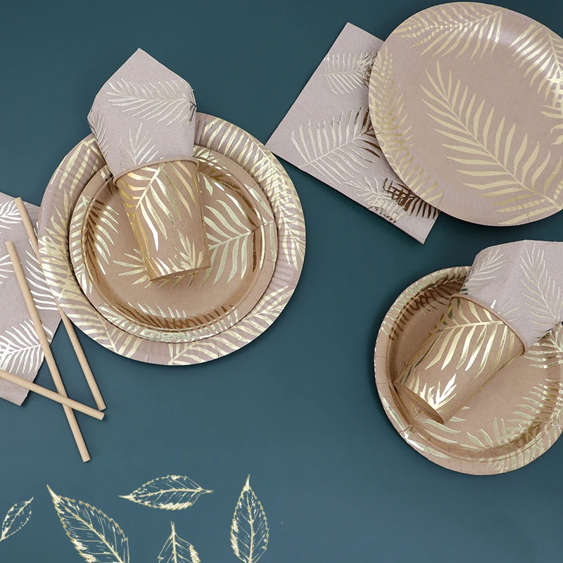 Disposable Kraft Paper Tableware Set – Golden Palm Leaf Pattern Plates, Cups, Napkins, Straws, and Cutlery – Eco-Friendly Party Supplies for Wedding, Birthday, Picnic, Baby Shower, and Events 4