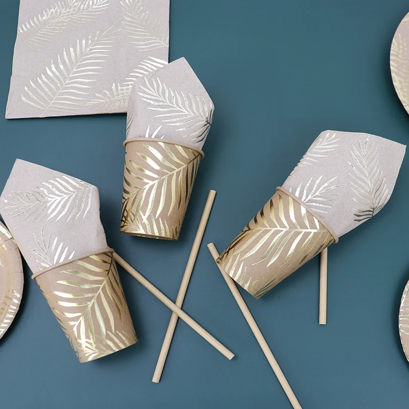 Disposable Kraft Paper Tableware Set – Golden Palm Leaf Pattern Plates, Cups, Napkins, Straws, and Cutlery – Eco-Friendly Party Supplies for Wedding, Birthday, Picnic, Baby Shower, and Events 6