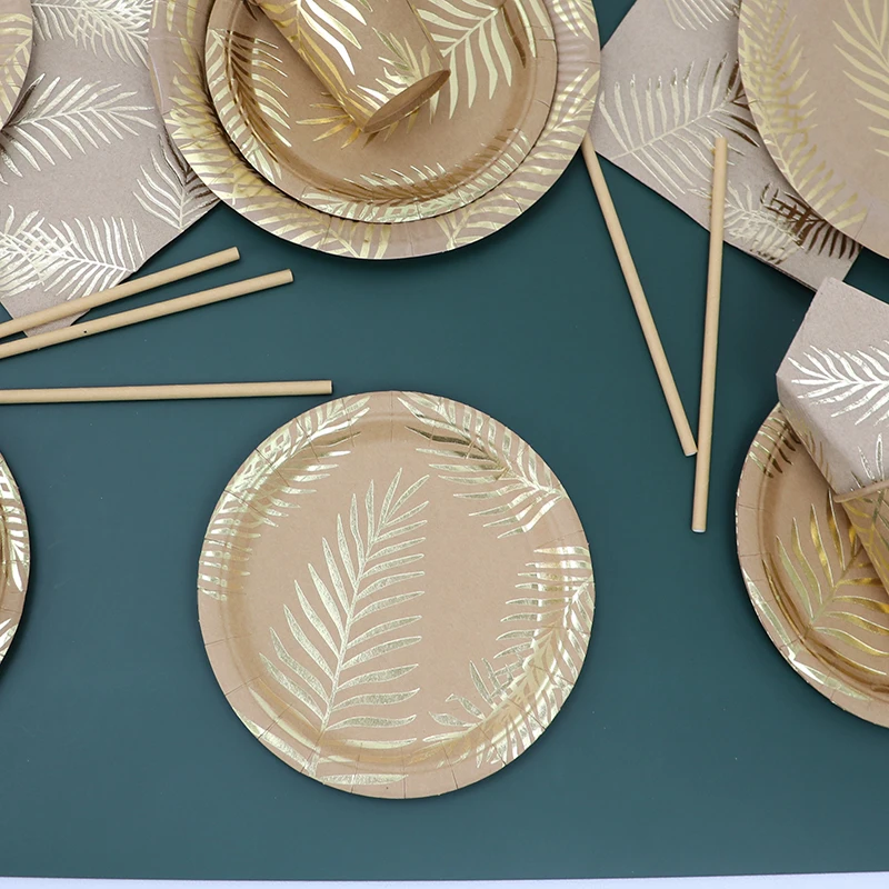 Disposable Kraft Paper Tableware Set – Golden Palm Leaf Pattern Plates, Cups, Napkins, Straws, and Cutlery – Eco-Friendly Party Supplies for Wedding, Birthday, Picnic, Baby Shower, and Events 5
