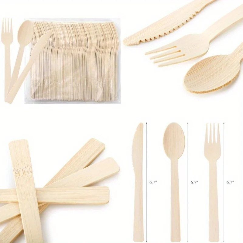 50/100PCS Natural Disposable Bamboo Tableware Set – Eco-Friendly Biodegradable Forks, Spoons, Knives – Sustainable Utensils for Party, Wedding, Picnic, Camping, Catering, and Daily Use - 图片 2