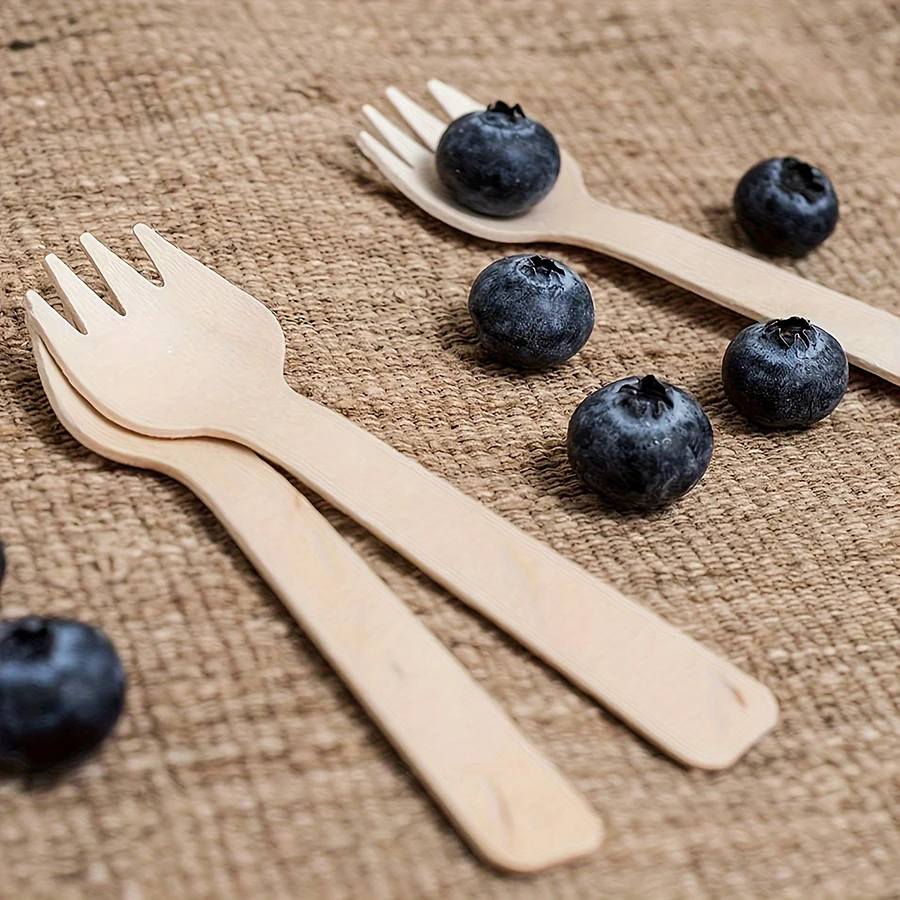 50/100PCS 14cm Disposable Wooden Spoon and Fork Set – Eco-Friendly Biodegradable Tableware for Wedding, Party, Cake Tasting, Dessert, Picnic, Catering, Event Supplies, Practical Bulk Utensils - 图片 4