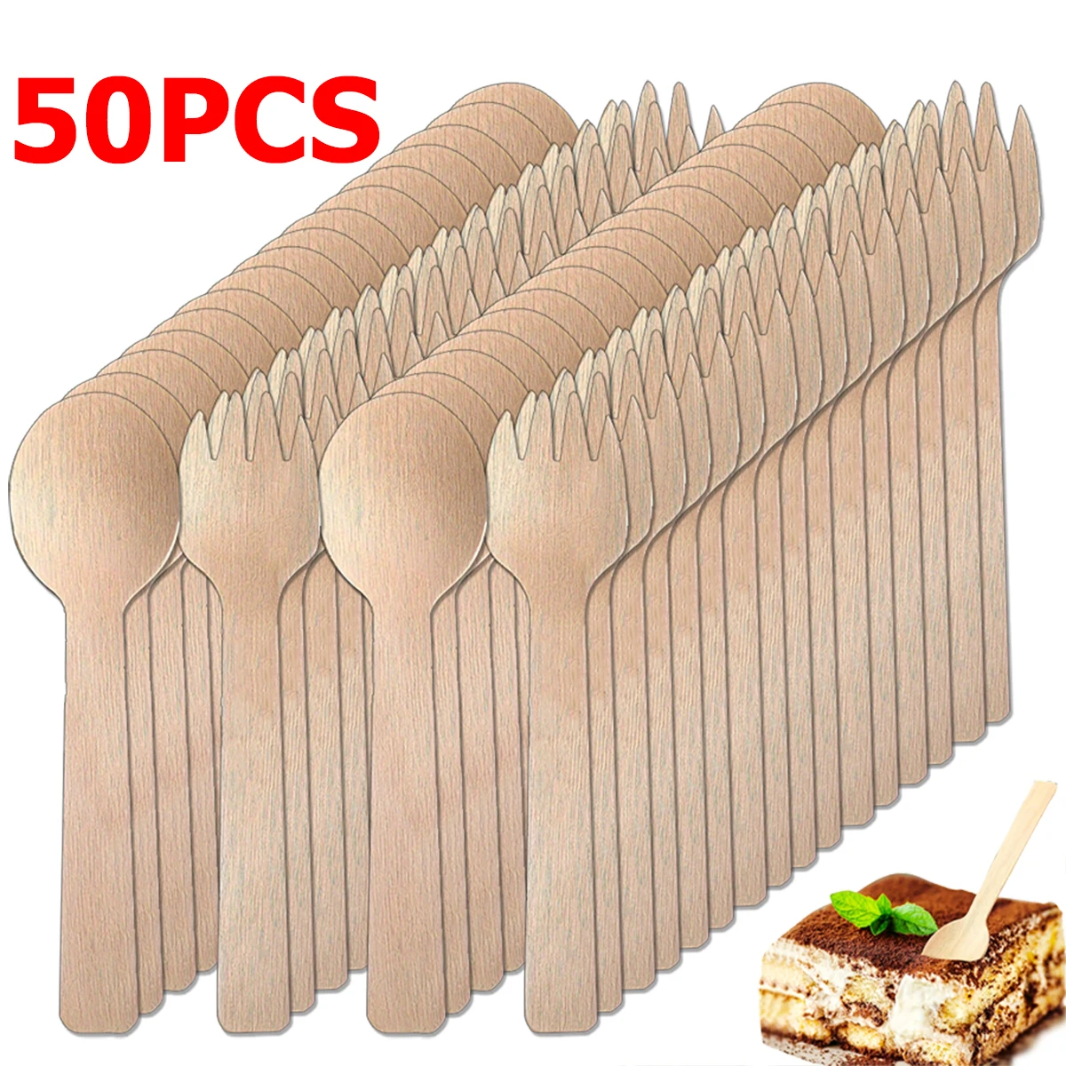 50/100PCS 14cm Disposable Wooden Spoon and Fork Set – Eco-Friendly Biodegradable Tableware for Wedding, Party, Cake Tasting, Dessert, Picnic, Catering, Event Supplies, Practical Bulk Utensils