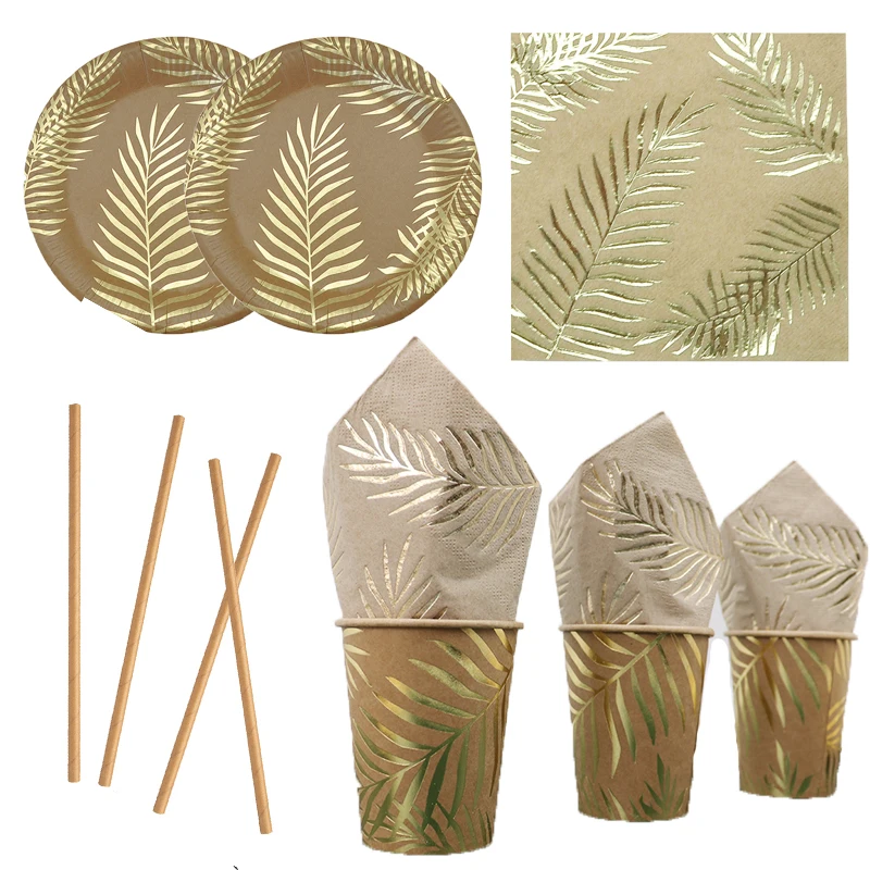 Disposable Kraft Paper Tableware Set – Golden Palm Leaf Pattern Plates, Cups, Napkins, Straws, and Cutlery – Eco-Friendly Party Supplies for Wedding, Birthday, Picnic, Baby Shower, and Events 1