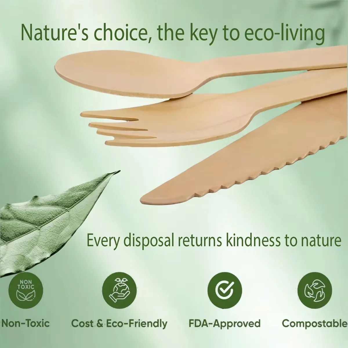 Disposable Wooden Cutlery Set – 50 Forks, 50 Knives, 50 Spoons – Biodegradable Eco-Friendly Tableware for Party, Picnic, BBQ, Wedding, Camping, Versatile Western Style Utensils - 图片 5