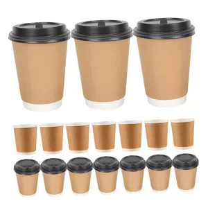 Kraft Paper Coffee Cups with Lids – Double-Layer Insulated Disposable Cups for Hot & Cold Drinks – Leak-Proof, Eco-Friendly Takeaway Cups for Office, Cafe, Picnic, or Party Use