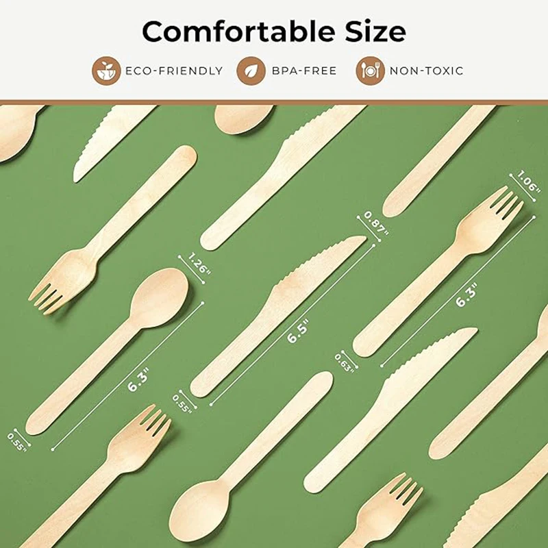 30/60/150PCS 6" Disposable Wooden Cutlery Set – Includes Forks, Spoons, and Knives – Natural Birchwood Eco-Friendly Biodegradable Tableware for Party, Picnic, Wedding or Daily Use - 图片 2