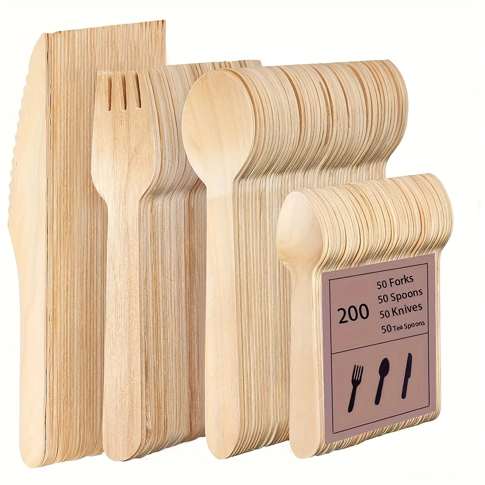 Disposable Wooden Tableware Set – Includes 50 Forks, 50 Spoons, 50 Teaspoons, 50 Knives – Eco-Friendly Biodegradable Garden Utensils for Party, Picnic, Wedding, BBQ, Camping, or Events Use