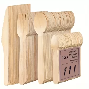 Disposable Wooden Tableware Set – Includes 50 Forks, 50 Spoons, 50 Teaspoons, 50 Knives – Eco-Friendly Biodegradable Garden Utensils for Party, Picnic, Wedding, BBQ, Camping, or Events Use