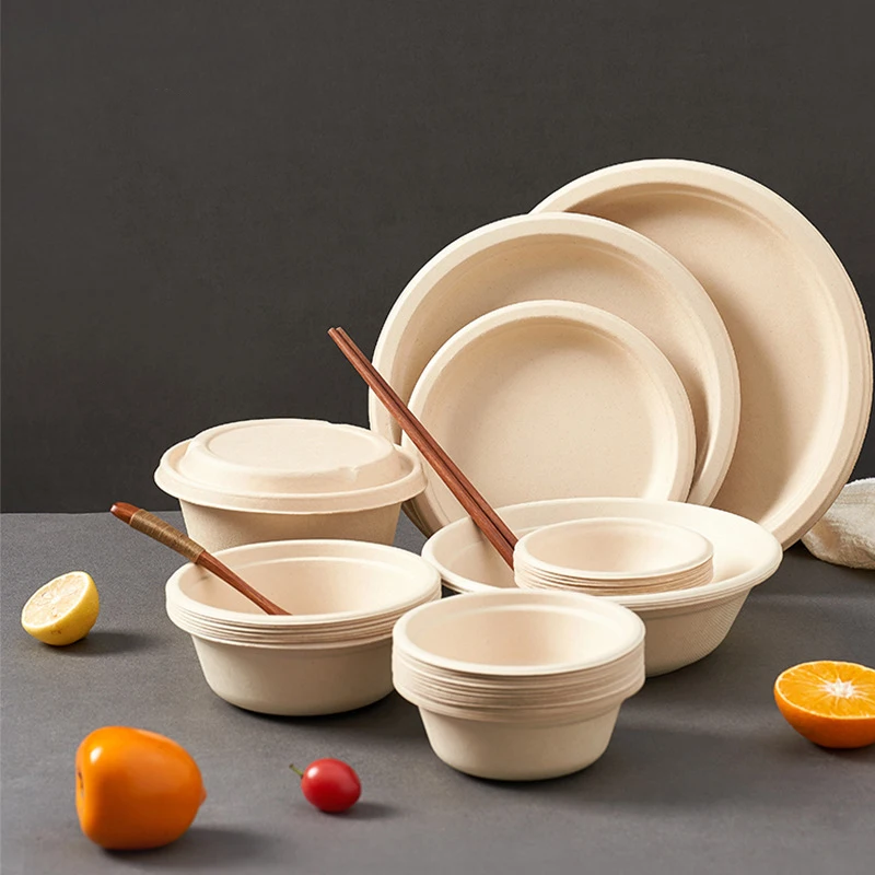 50/100PCS 350ml/500ml Disposable Sugarcane Pulp Plates – Eco-Friendly, Unbleached, Compostable Party Plates for Birthday, Camping, Picnic, Events – Round & Square Options