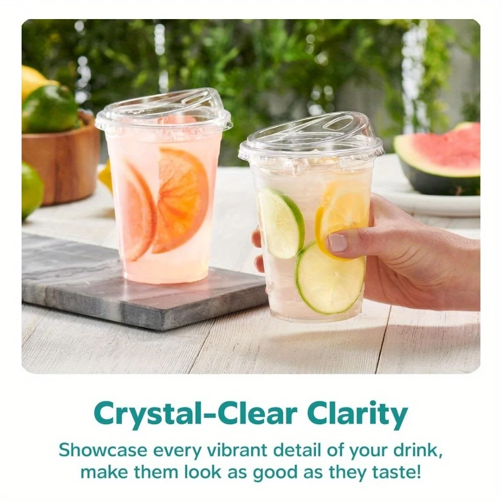 16oz – 50 Sets of Clear Plastic Cups with Lids – Disposable Cold Drink Cups for Coffee, Juice, Iced Tea, Smoothies, and Takeout – Durable, Leak-Resistant, Ready for Direct Consumption