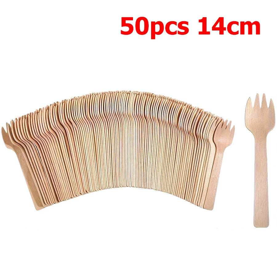50/100PCS 14cm Disposable Wooden Spoon and Fork Set – Eco-Friendly Biodegradable Tableware for Wedding, Party, Cake Tasting, Dessert, Picnic, Catering, Event Supplies, Practical Bulk Utensils - 图片 8