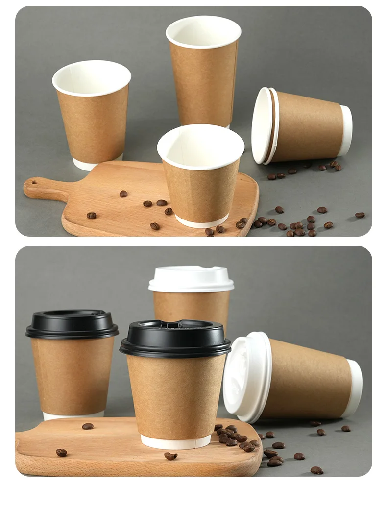 Kraft Paper Coffee Cups with Lids – Double-Layer Insulated Disposable Cups for Hot & Cold Drinks – Leak-Proof, Eco-Friendly Takeaway Cups for Office, Cafe, Picnic, or Party Use