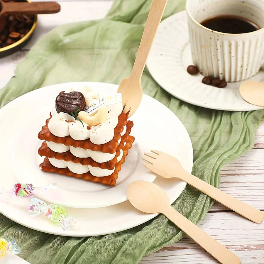 50/100PCS 14cm Disposable Wooden Spoon and Fork Set – Eco-Friendly Biodegradable Tableware for Wedding, Party, Cake Tasting, Dessert, Picnic, Catering, Event Supplies, Practical Bulk Utensils - 图片 3