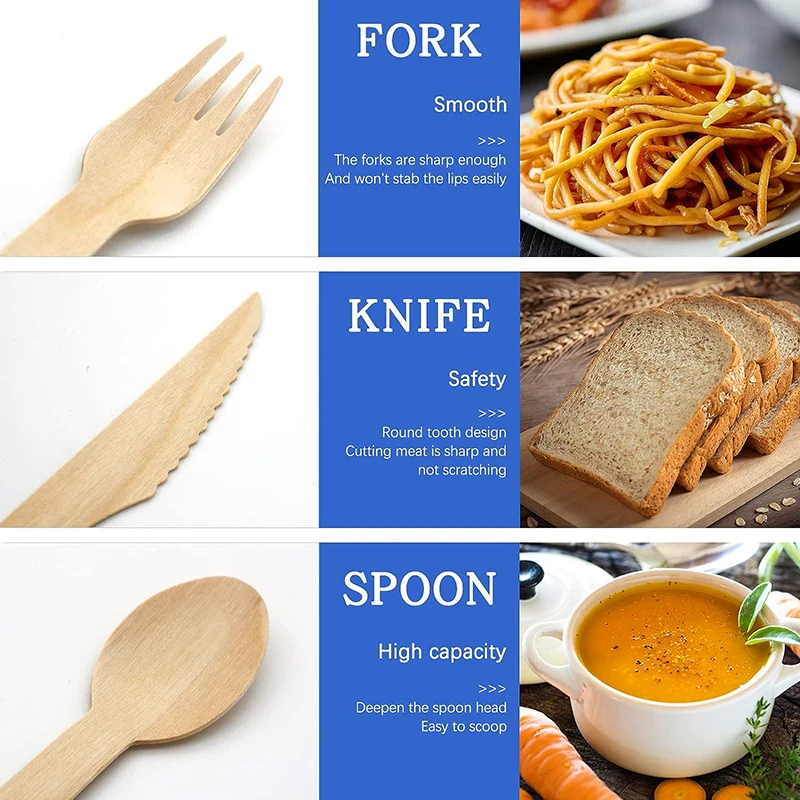 30/60/150PCS 6" Disposable Wooden Cutlery Set – Includes Forks, Spoons, and Knives – Natural Birchwood Eco-Friendly Biodegradable Tableware for Party, Picnic, Wedding or Daily Use - 图片 4