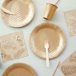 Disposable Kraft Paper Tableware Set – Golden Palm Leaf Pattern Plates, Cups, Napkins, Straws, and Cutlery – Eco-Friendly Party Supplies for Wedding, Birthday, Picnic, Baby Shower, and Events