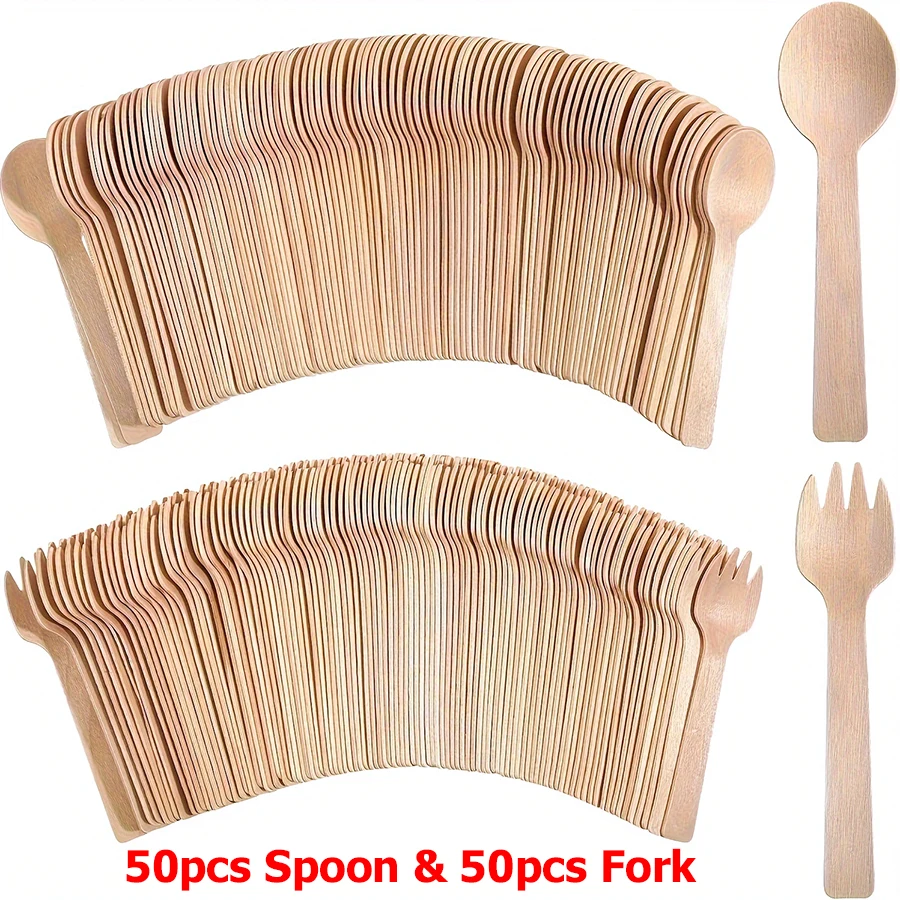 50/100PCS 14cm Disposable Wooden Spoon and Fork Set – Eco-Friendly Biodegradable Tableware for Wedding, Party, Cake Tasting, Dessert, Picnic, Catering, Event Supplies, Practical Bulk Utensils - 图片 7