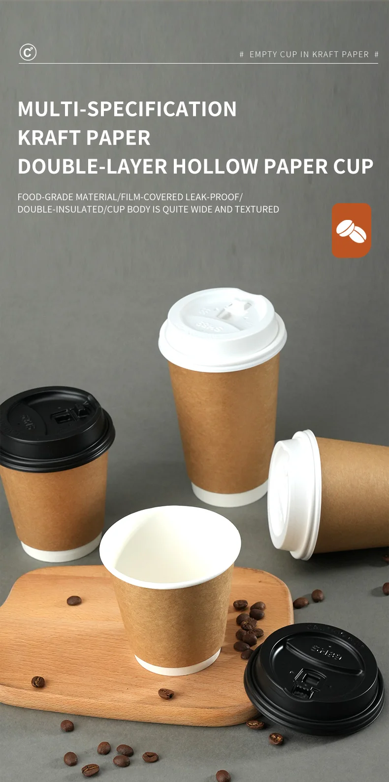 Kraft Paper Coffee Cups with Lids – Double-Layer Insulated Disposable Cups for Hot & Cold Drinks – Leak-Proof, Eco-Friendly Takeaway Cups for Office, Cafe, Picnic, or Party Use
