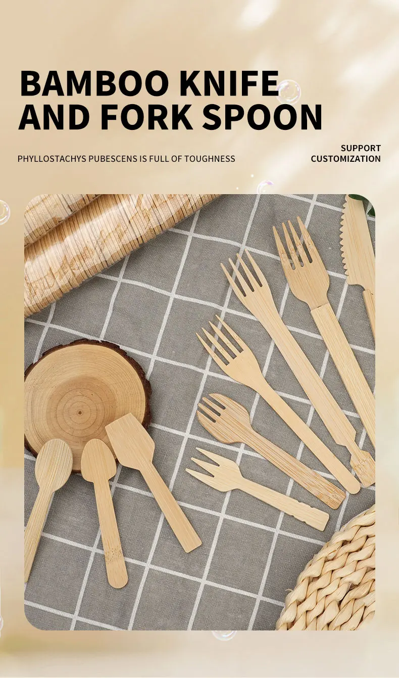 50/100PCS Natural Disposable Bamboo Tableware Set – Eco-Friendly Biodegradable Forks, Spoons, Knives – Sustainable Utensils for Party, Wedding, Picnic, Camping, Catering, and Daily Use