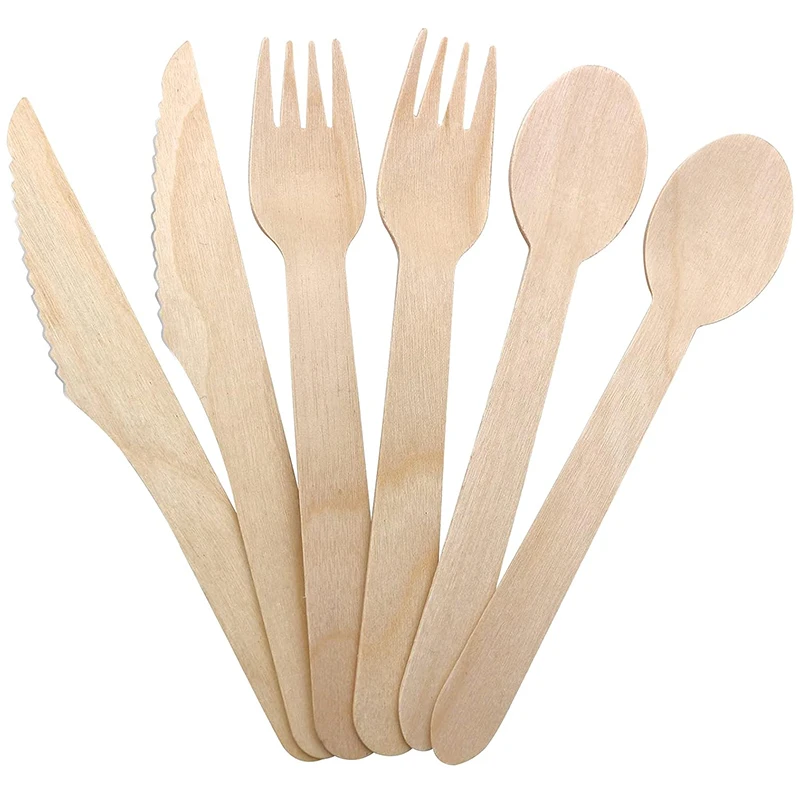 30/60/150PCS 6" Disposable Wooden Cutlery Set – Includes Forks, Spoons, and Knives – Natural Birchwood Eco-Friendly Biodegradable Tableware for Party, Picnic, Wedding or Daily Use