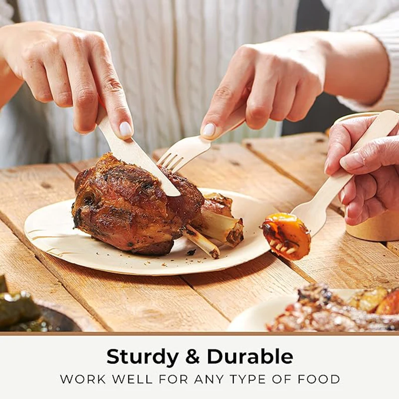 30/60/150PCS 6" Disposable Wooden Cutlery Set – Includes Forks, Spoons, and Knives – Natural Birchwood Eco-Friendly Biodegradable Tableware for Party, Picnic, Wedding or Daily Use 2