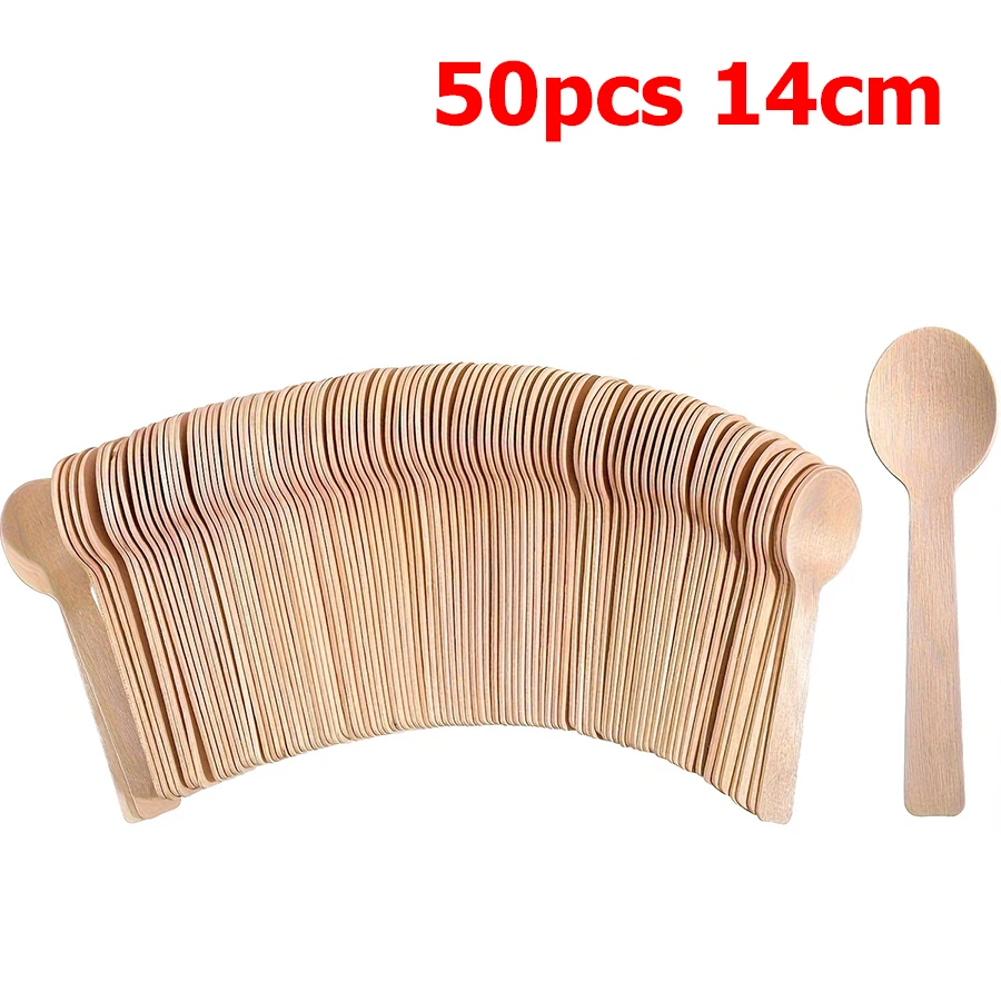 50/100PCS 14cm Disposable Wooden Spoon and Fork Set – Eco-Friendly Biodegradable Tableware for Wedding, Party, Cake Tasting, Dessert, Picnic, Catering, Event Supplies, Practical Bulk Utensils - 图片 9