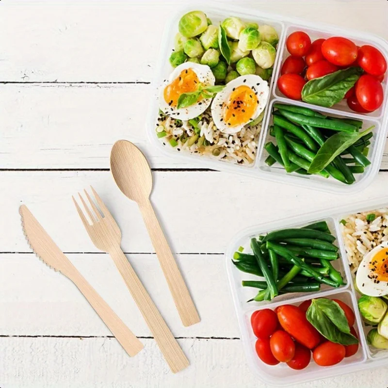 50/100PCS Natural Disposable Bamboo Tableware Set – Eco-Friendly Biodegradable Forks, Spoons, Knives – Sustainable Utensils for Party, Wedding, Picnic, Camping, Catering, and Daily Use - 图片 5