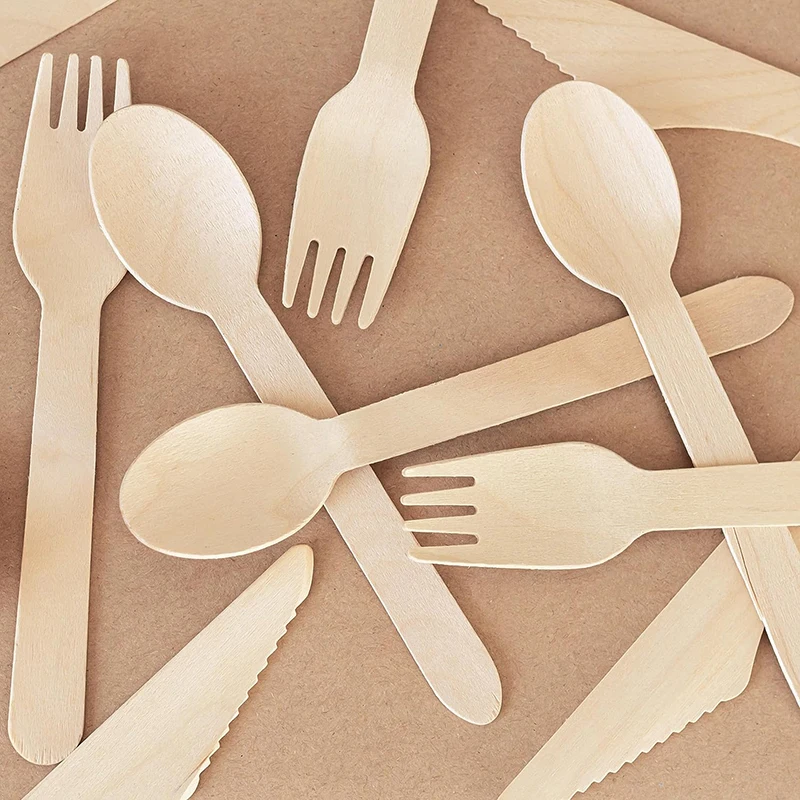 30/60/150PCS 6" Disposable Wooden Cutlery Set – Includes Forks, Spoons, and Knives – Natural Birchwood Eco-Friendly Biodegradable Tableware for Party, Picnic, Wedding or Daily Use - 图片 5