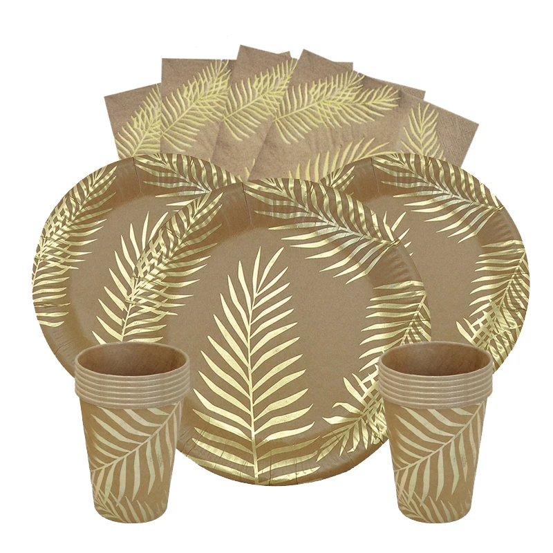 Disposable Kraft Paper Tableware Set – Golden Palm Leaf Pattern Plates, Cups, Napkins, Straws, and Cutlery – Eco-Friendly Party Supplies for Wedding, Birthday, Picnic, Baby Shower, and Events - 图片 2