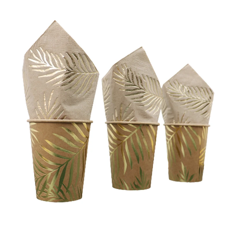 Disposable Kraft Paper Tableware Set – Golden Palm Leaf Pattern Plates, Cups, Napkins, Straws, and Cutlery – Eco-Friendly Party Supplies for Wedding, Birthday, Picnic, Baby Shower, and Events - 图片 4