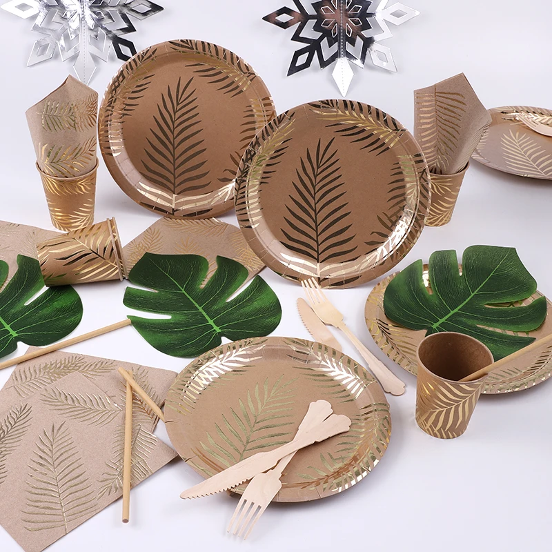 Disposable Kraft Paper Tableware Set – Golden Palm Leaf Pattern Plates, Cups, Napkins, Straws, and Cutlery – Eco-Friendly Party Supplies for Wedding, Birthday, Picnic, Baby Shower, and Events