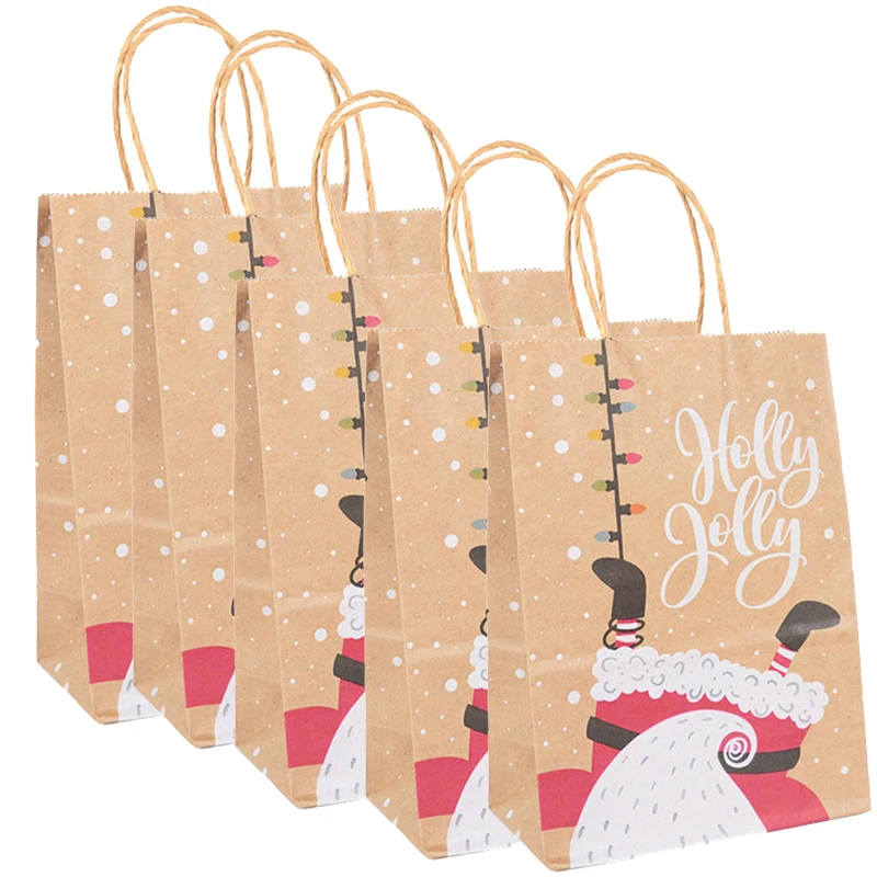 5pcs Christmas Kraft Paper Gift Bags with Handle – 120gsm Thick Paper Holiday Tote Bag for Candy, Cookies & Gifts, Durable Xmas Packaging for Parties, Weddings, Trees, New Year Decorations & Storage 6
