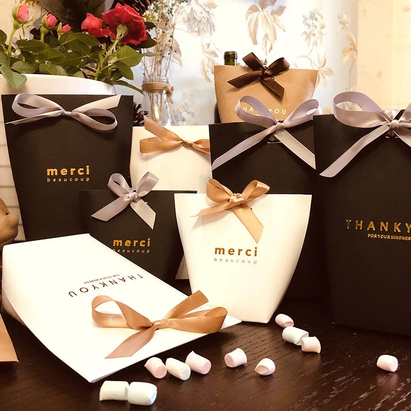 50PCS Black and White Bronzing Paper Candy Bags – Elegant French Merci Gift Boxes with Metallic Finish, Thank You Party Favor Packaging for Wedding, Birthday, Baby Shower, Anniversary, and Holiday Celebrations
