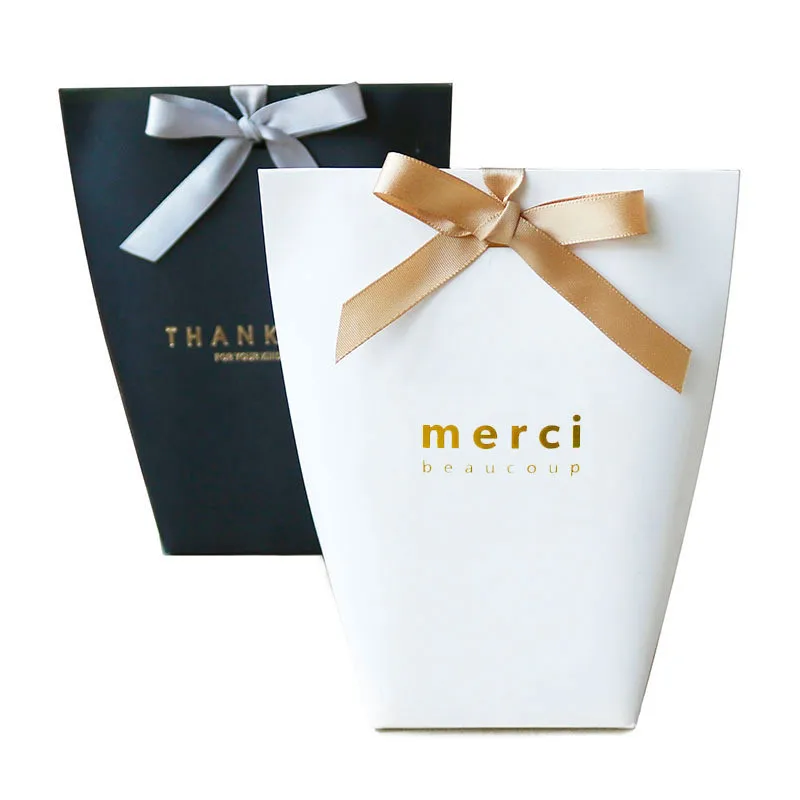 50PCS Black and White Bronzing Paper Candy Bags – Elegant French Merci Gift Boxes with Metallic Finish, Thank You Party Favor Packaging for Wedding, Birthday, Baby Shower, Anniversary, and Holiday Celebrations