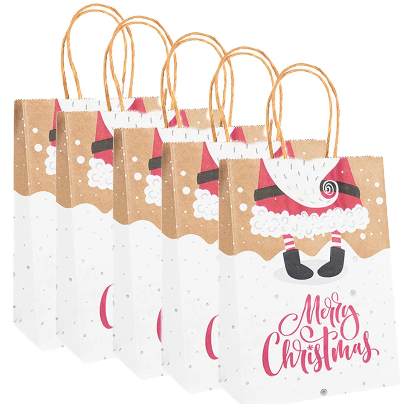 5pcs Christmas Kraft Paper Gift Bags with Handle – 120gsm Thick Paper Holiday Tote Bag for Candy, Cookies & Gifts, Durable Xmas Packaging for Parties, Weddings, Trees, New Year Decorations & Storage 9