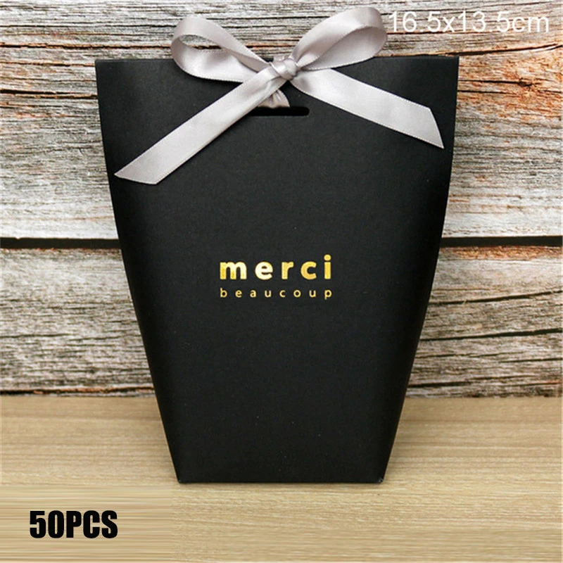 50PCS Black and White Bronzing Paper Candy Bags – Elegant French Merci Gift Boxes with Metallic Finish, Thank You Party Favor Packaging for Wedding, Birthday, Baby Shower, Anniversary, and Holiday Celebrations - 图片 12