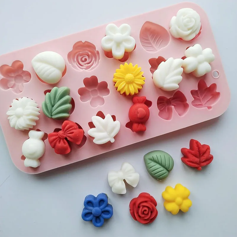 Flower Candy Silicone Mold Daisy Rose Leaf Bow Shape Chocolate Mold Ice Cube Tray 3D Floral Cookie Wax Melt Cake Cupcake Fondant Baking Decoration Moulds for Kitchen DIY Crafts