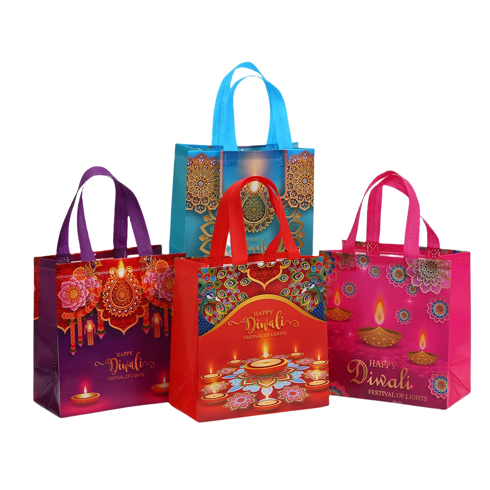 Happy Festival of Lights Nonwoven Gift Tote Bag with Colorful Print for Party Favors Return Gifts Reusable Eco-Friendly Festival Bag Sac Cadeau Bolsa de Regalo diwali Tasche Geschenk كيس مهرجان الأنوار ディーワリーバッグ 디왈리 포장 가방 1